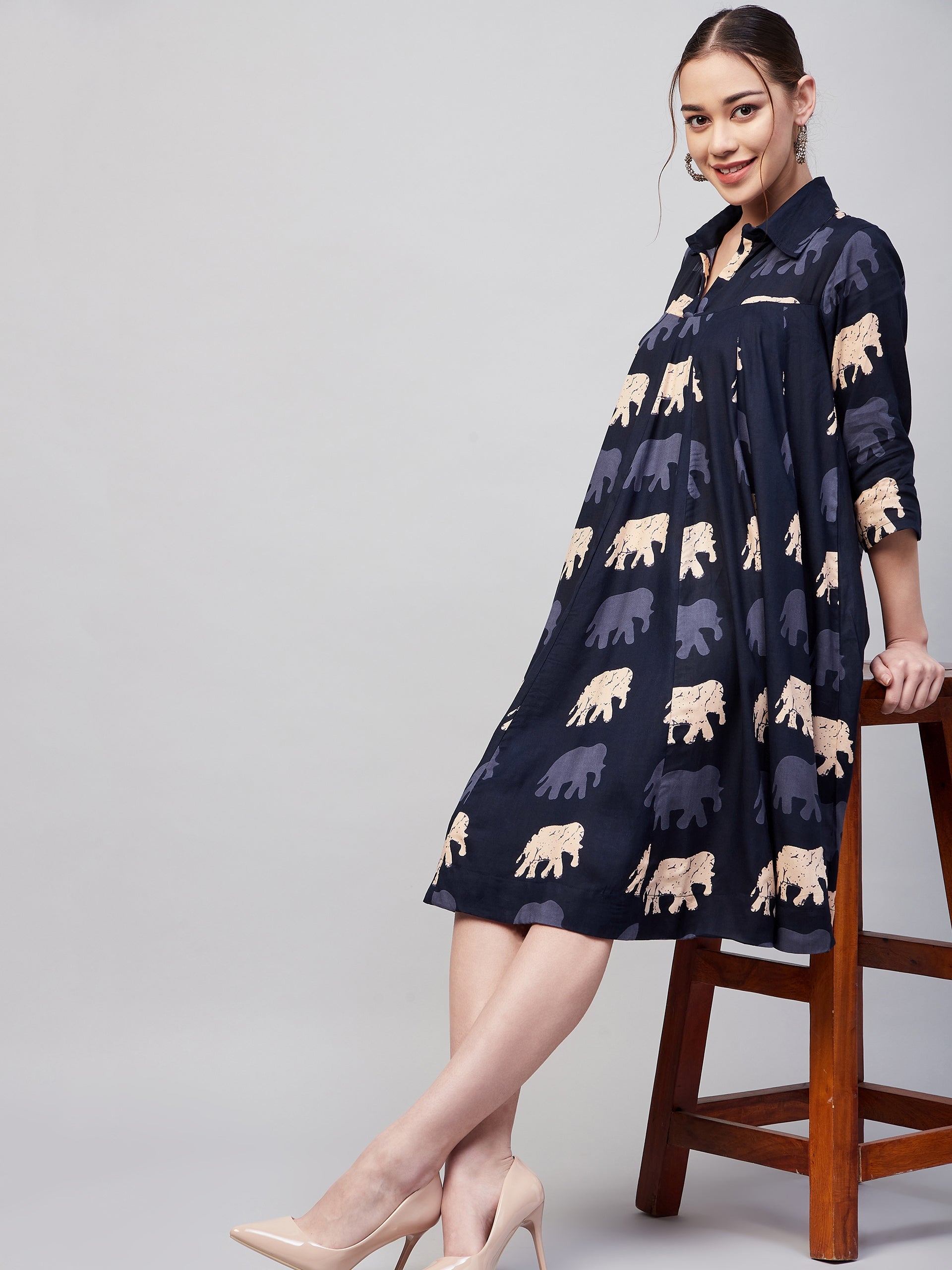InWeave Women's Blue Elephant Print Flared Dress 