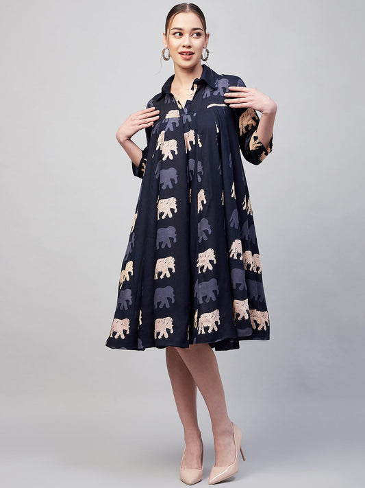 InWeave Women's Blue Elephant Print Flared Dress 