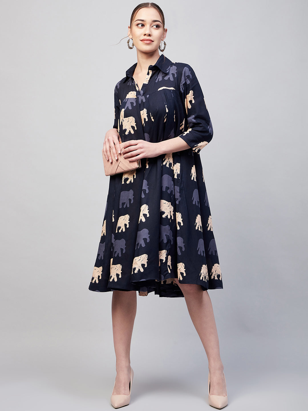 InWeave Women's Blue Elephant Print Flared Dress 