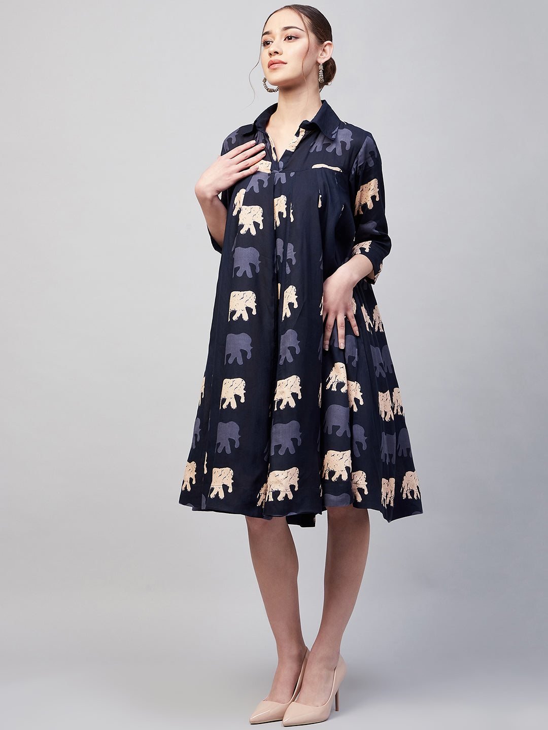 InWeave Women's Blue Elephant Print Flared Dress 