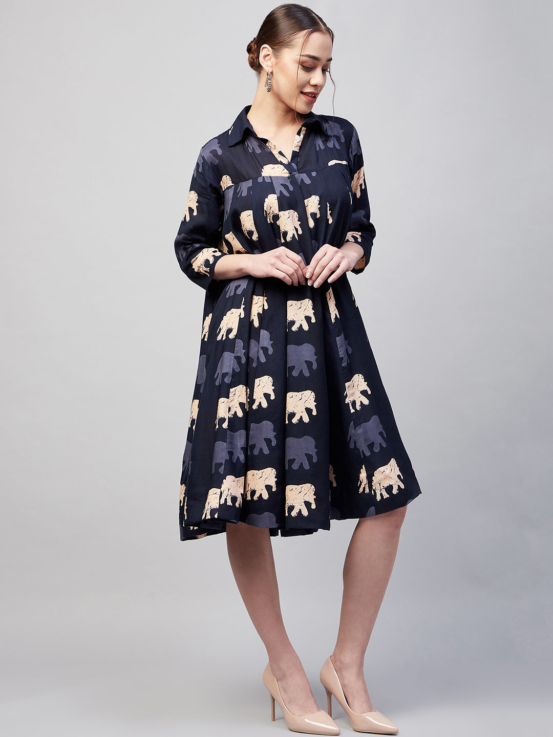 InWeave Women's Blue Elephant Print Flared Dress 
