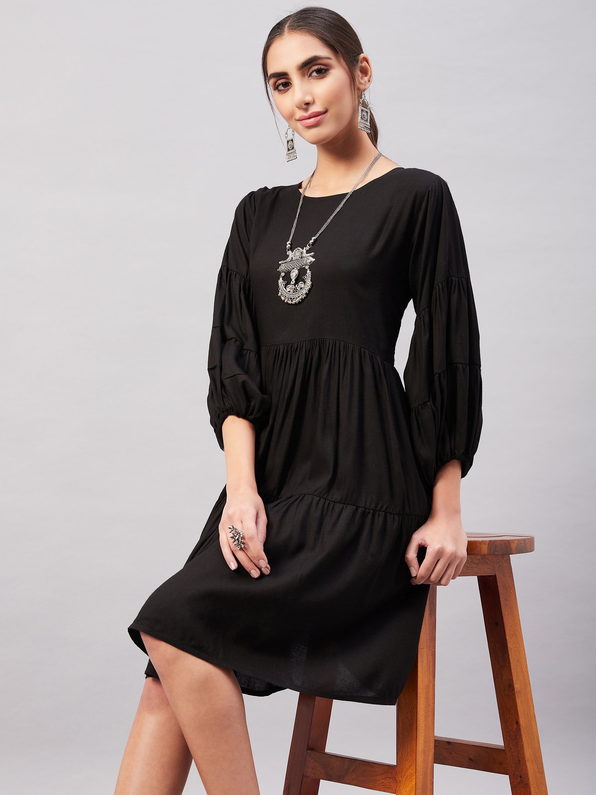 InWeave Solid Black Flared Dress 