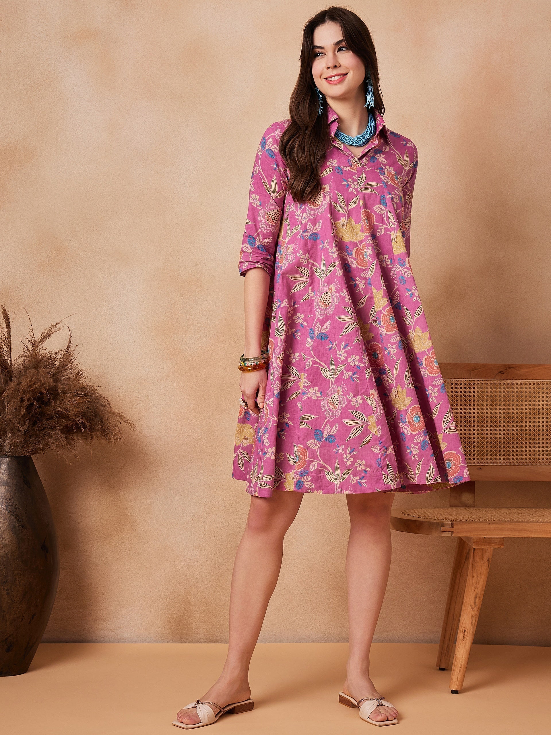 InWeave Dull Pink Floral Printed Flared Dress 