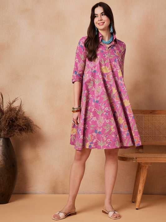 InWeave Dull Pink Floral Printed Flared Dress 