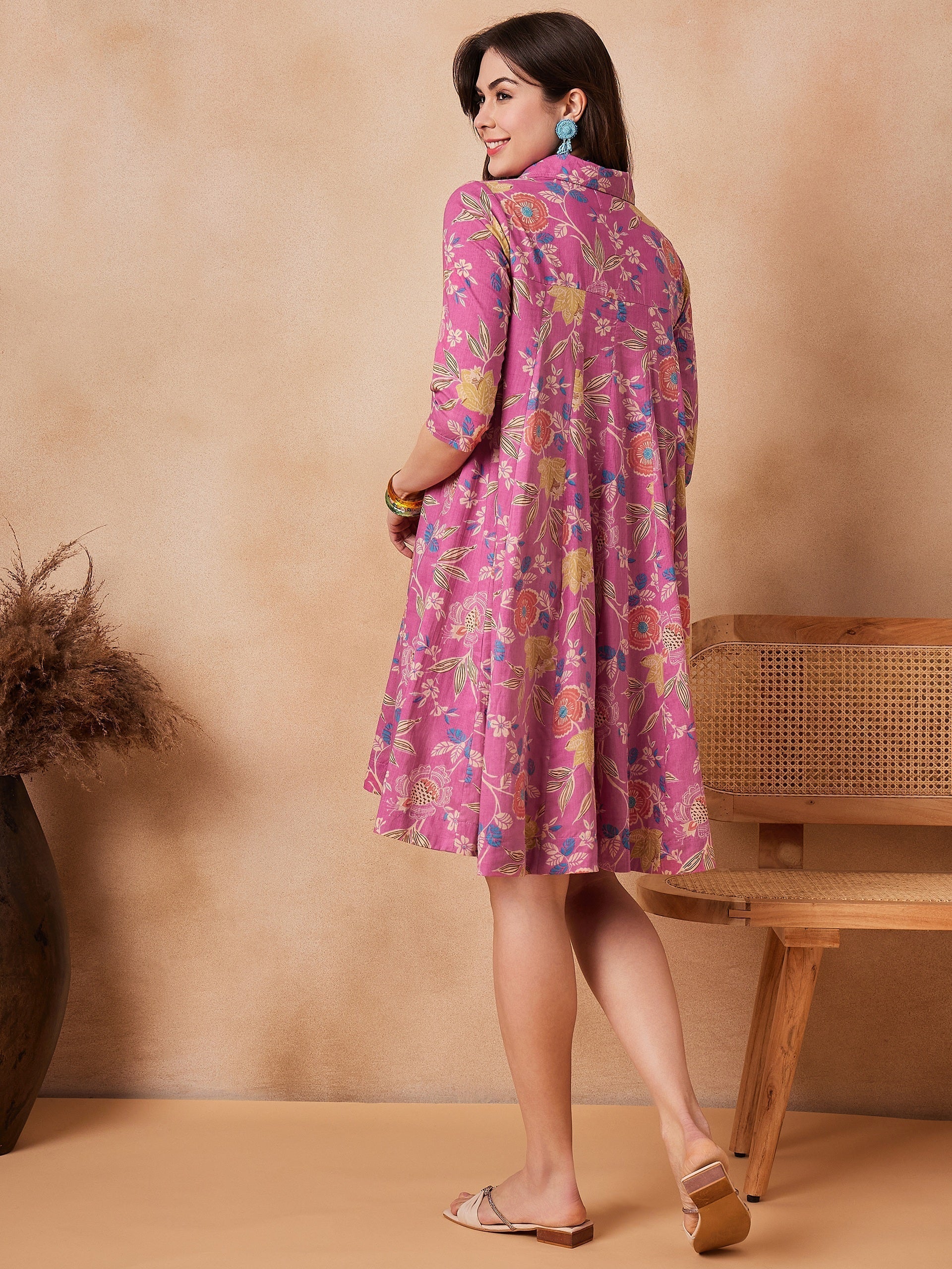 InWeave Dull Pink Floral Printed Flared Dress 