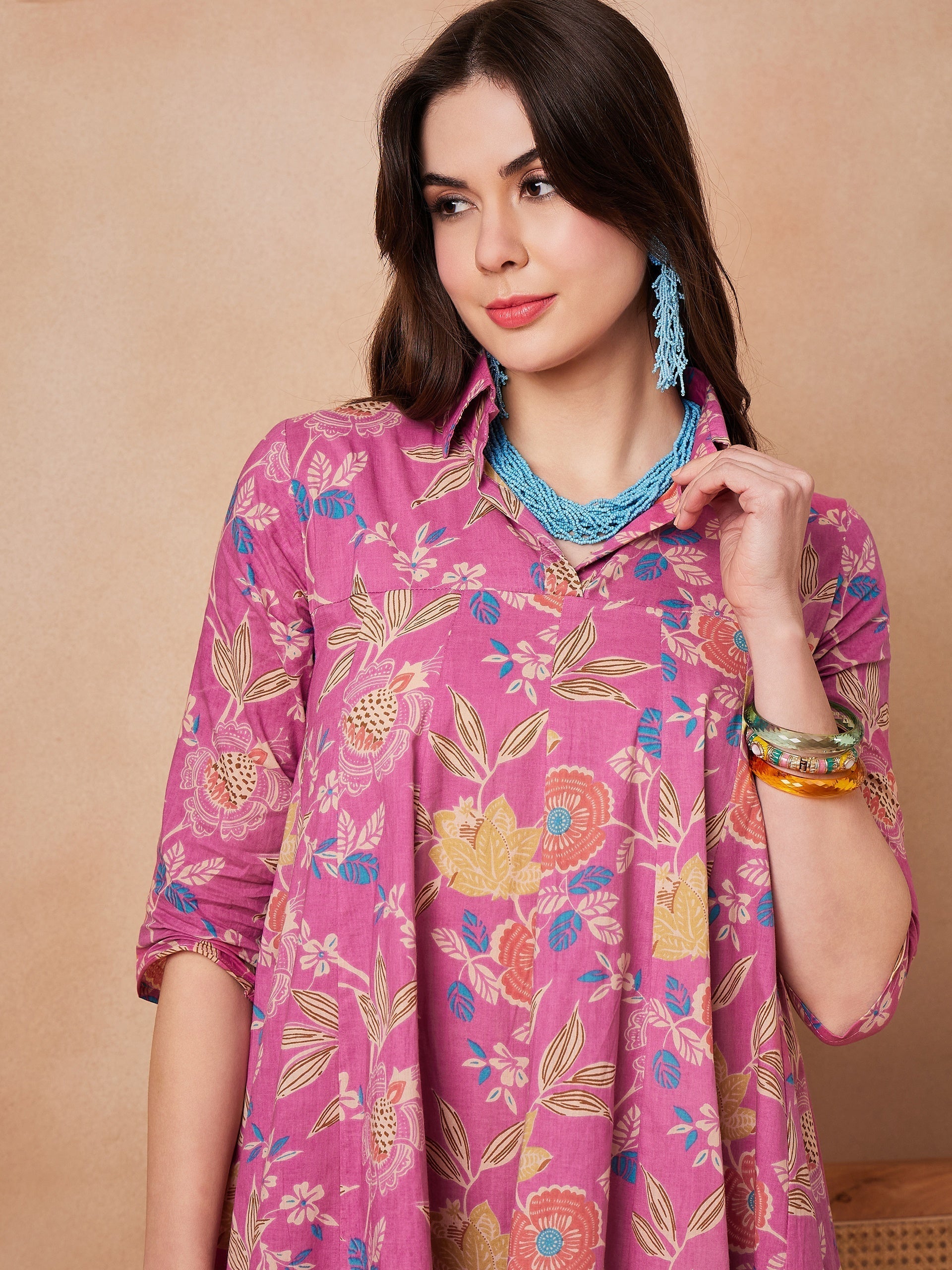 InWeave Dull Pink Floral Printed Flared Dress 