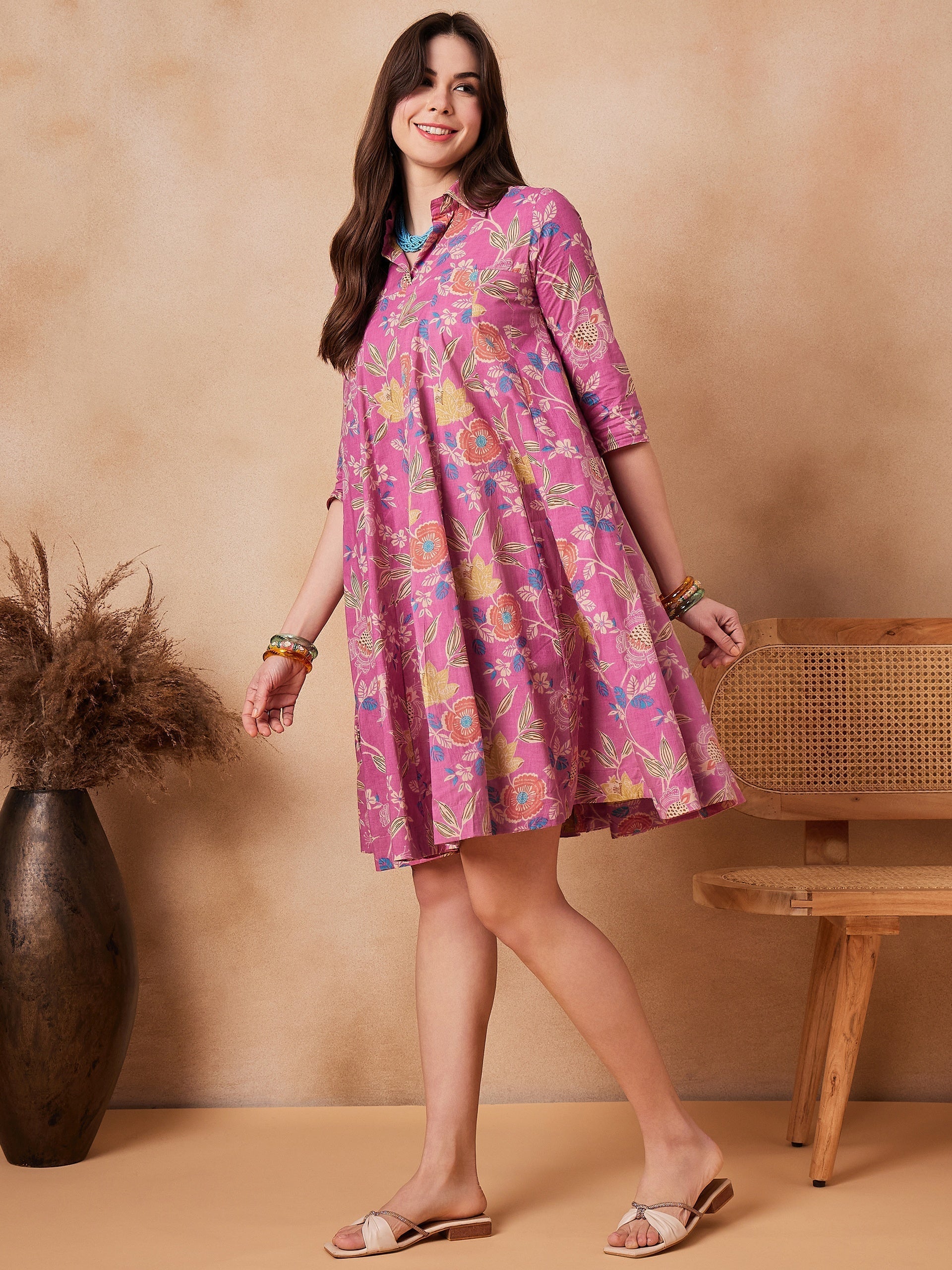 InWeave Dull Pink Floral Printed Flared Dress 