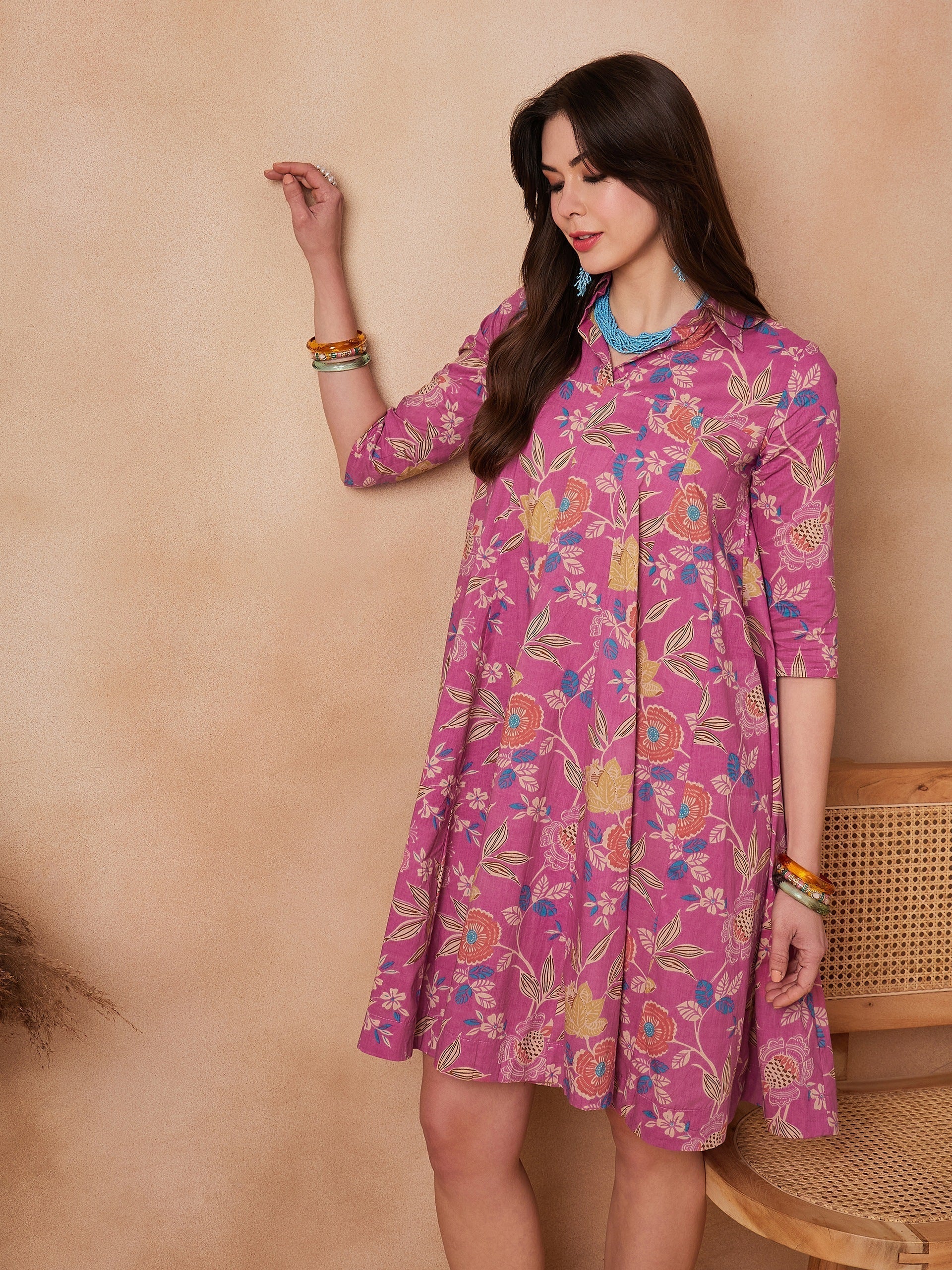 InWeave Dull Pink Floral Printed Flared Dress 