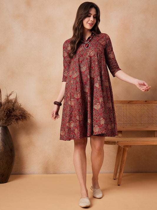 InWeave Rust Scales Printed Flared Dress 