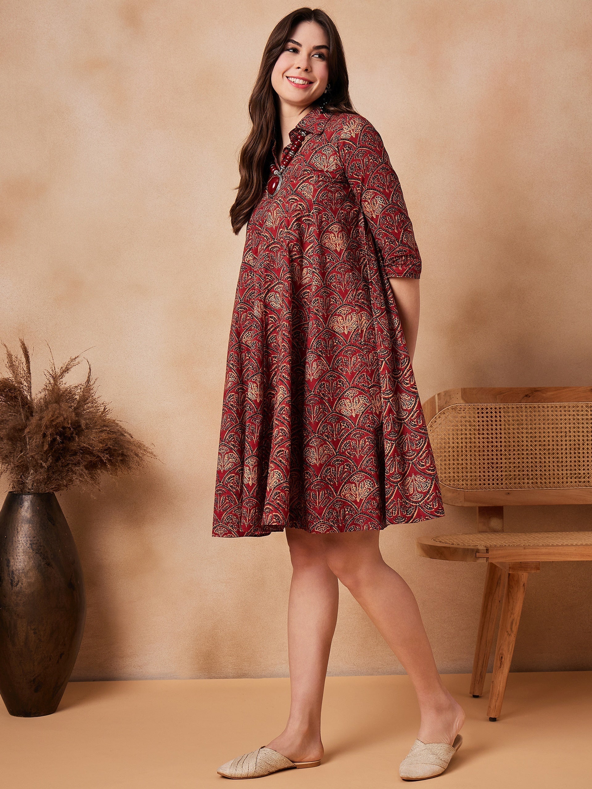 InWeave Rust Scales Printed Flared Dress 