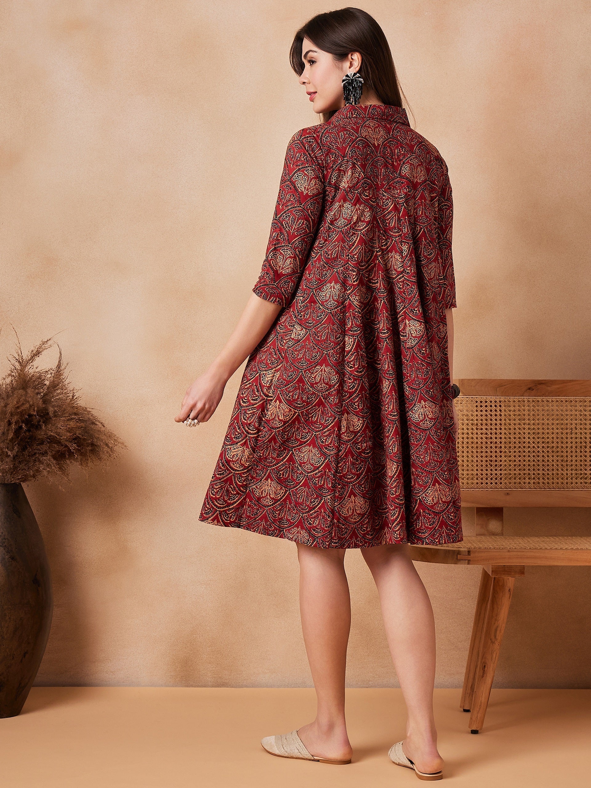 InWeave Rust Scales Printed Flared Dress 