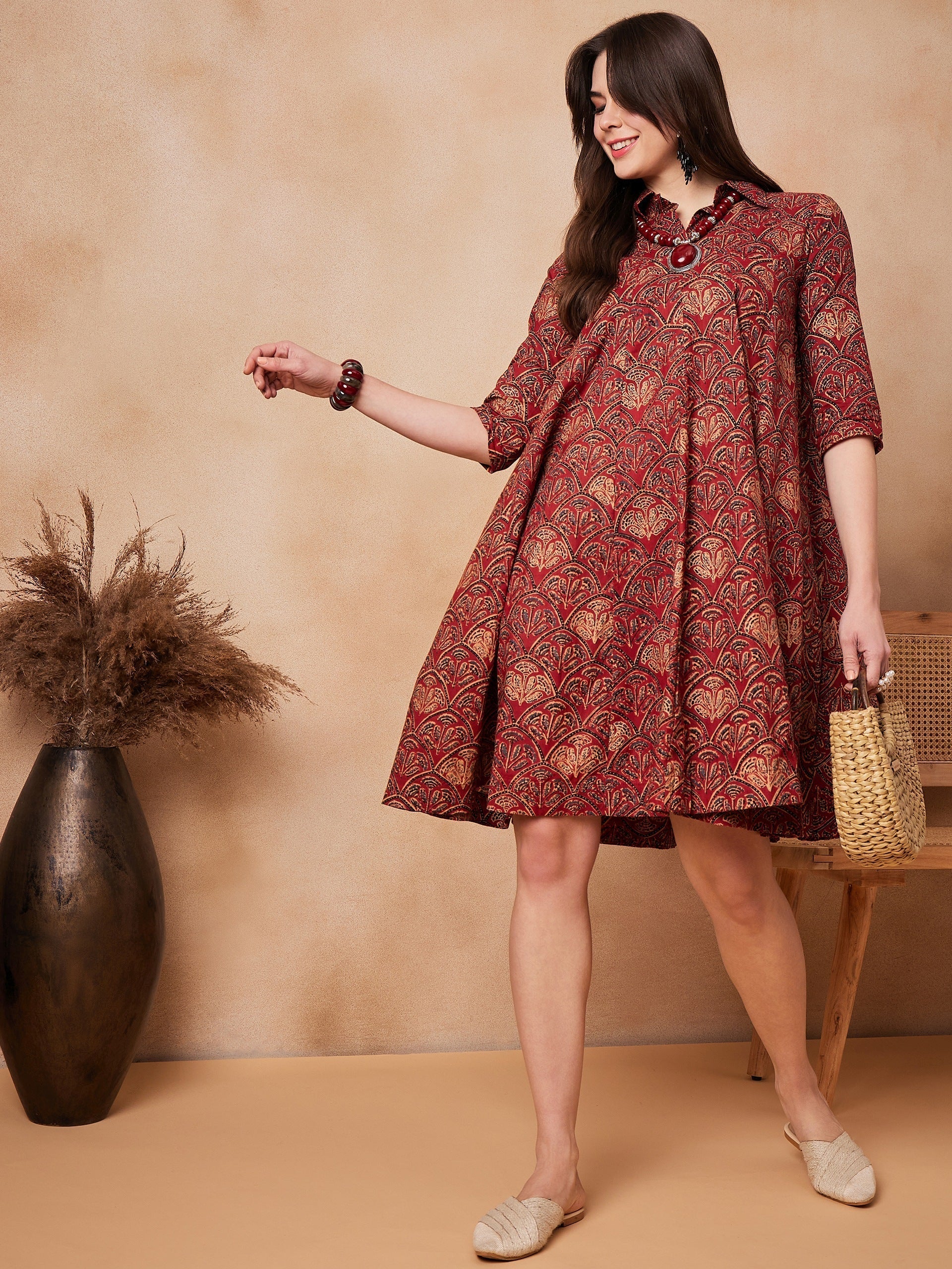 InWeave Rust Scales Printed Flared Dress 