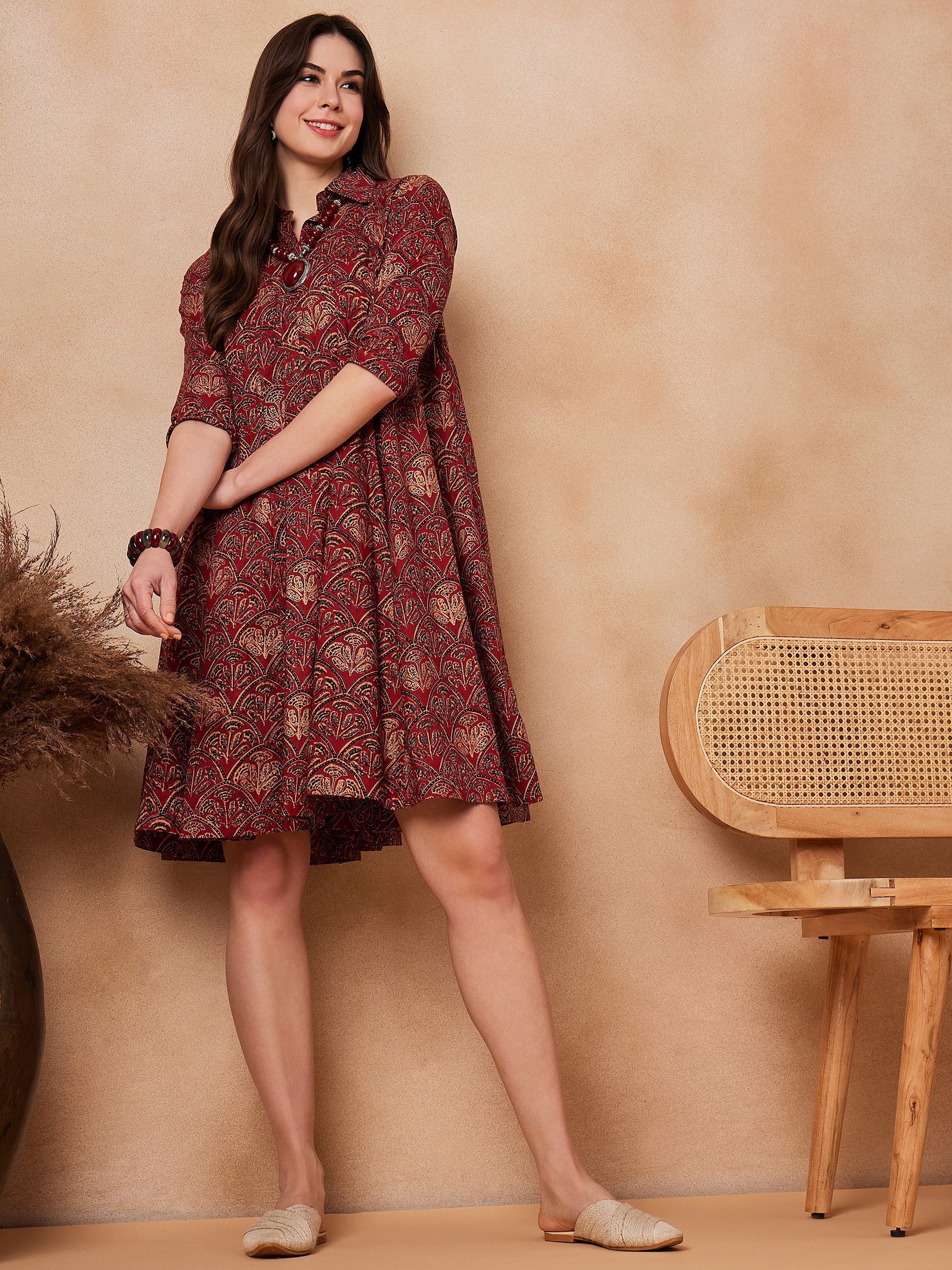 InWeave Rust Scales Printed Flared Dress 