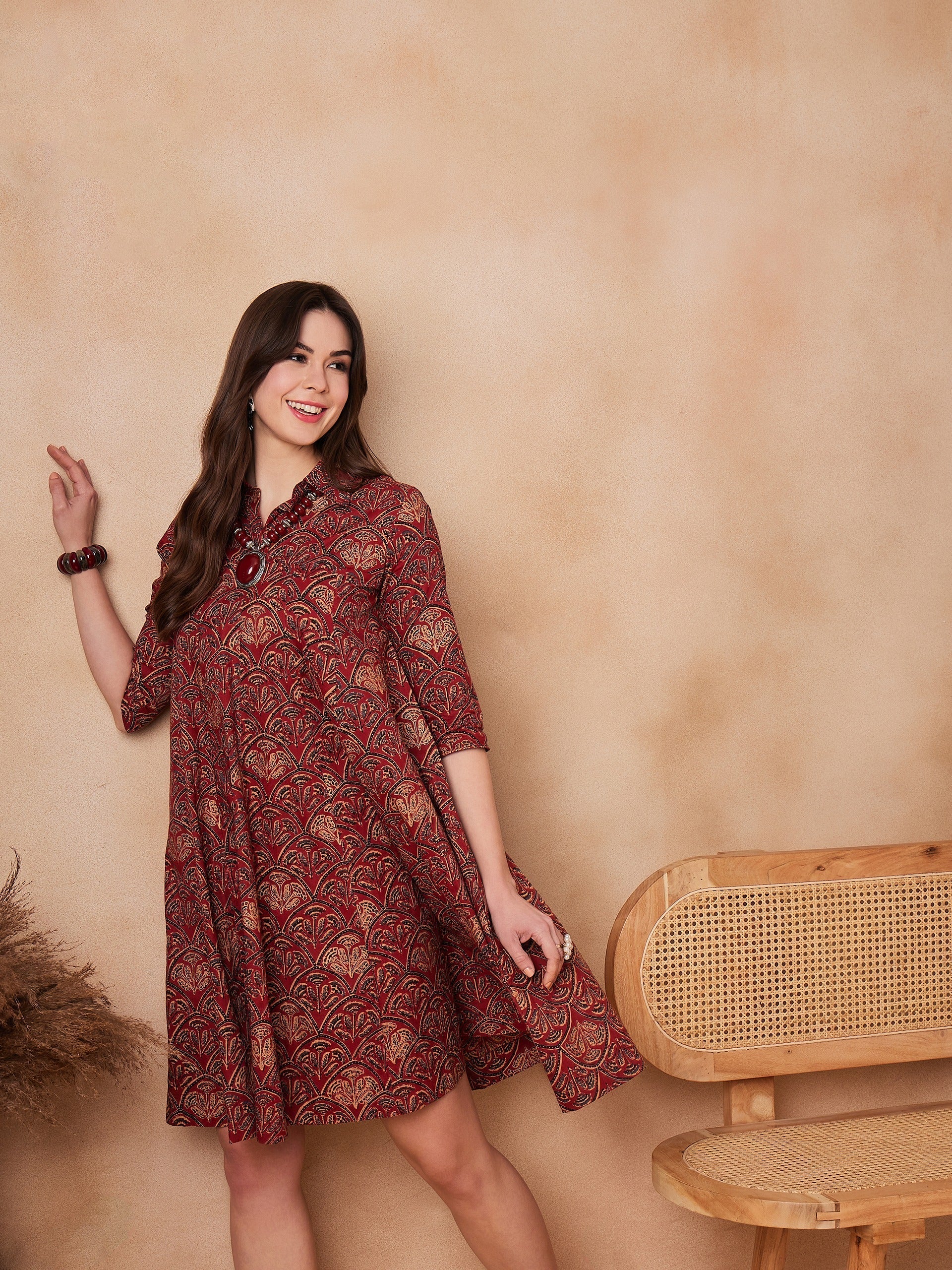 InWeave Rust Scales Printed Flared Dress 