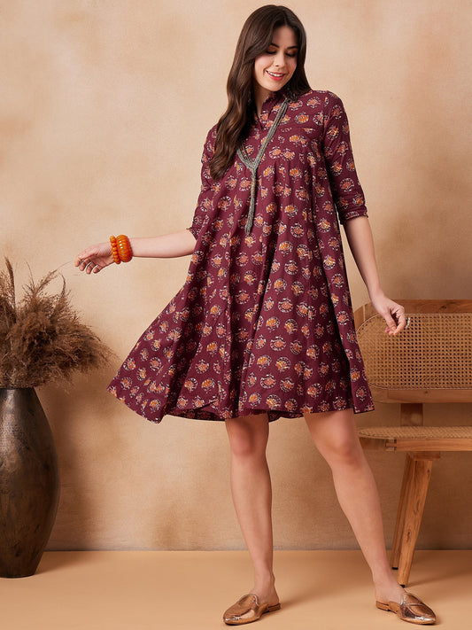 InWeave Burgundy Floral Boota Print Flared Dress 
