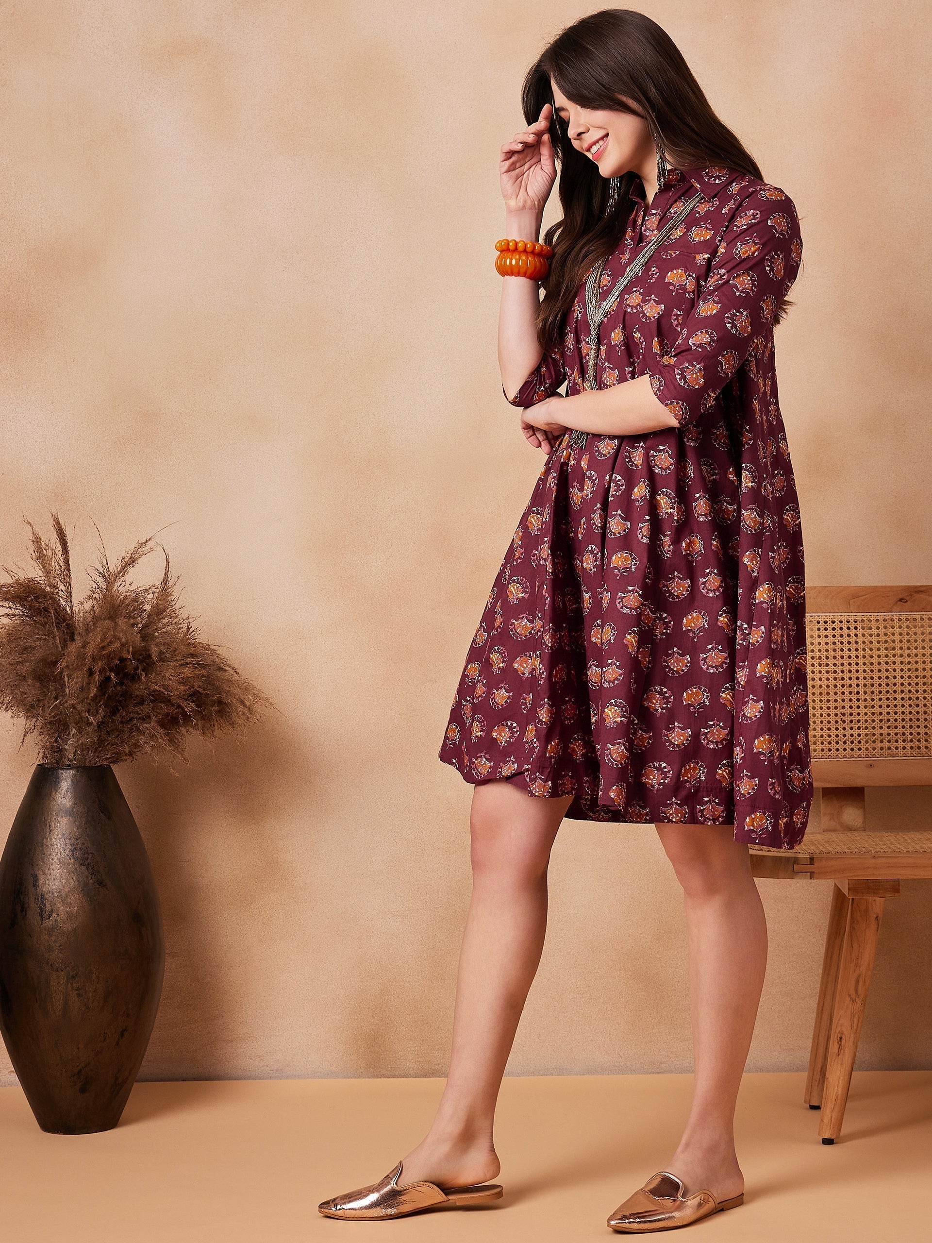 InWeave Burgundy Floral Boota Print Flared Dress 