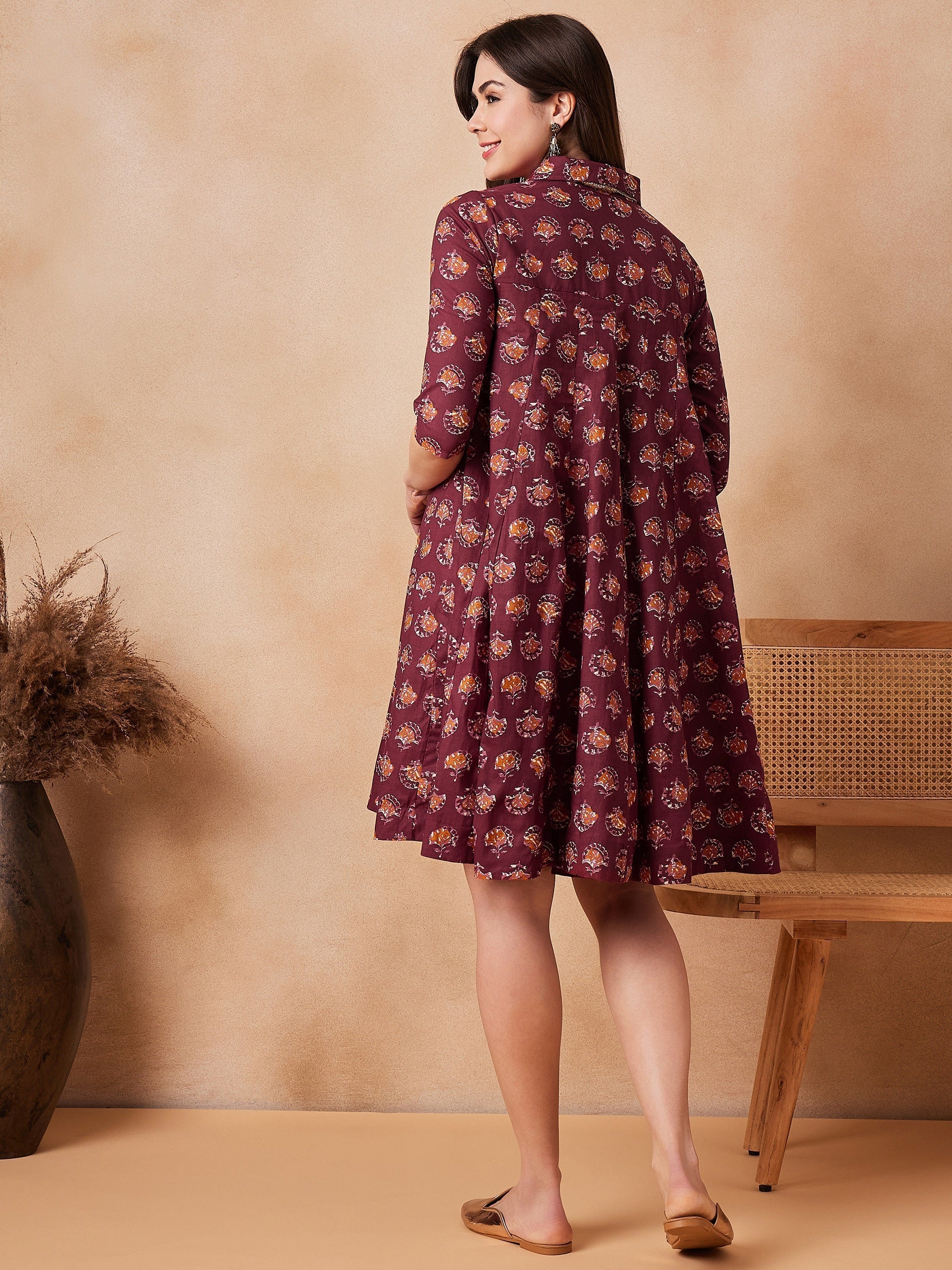InWeave Burgundy Floral Boota Print Flared Dress 