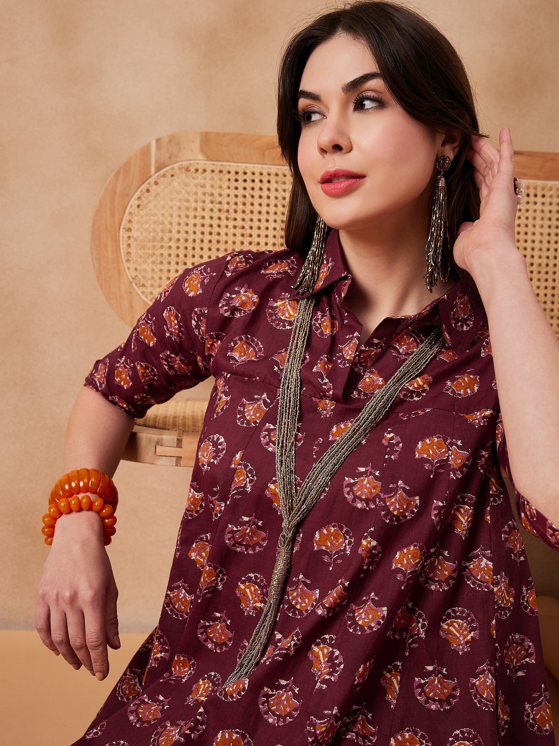 InWeave Burgundy Floral Boota Print Flared Dress 