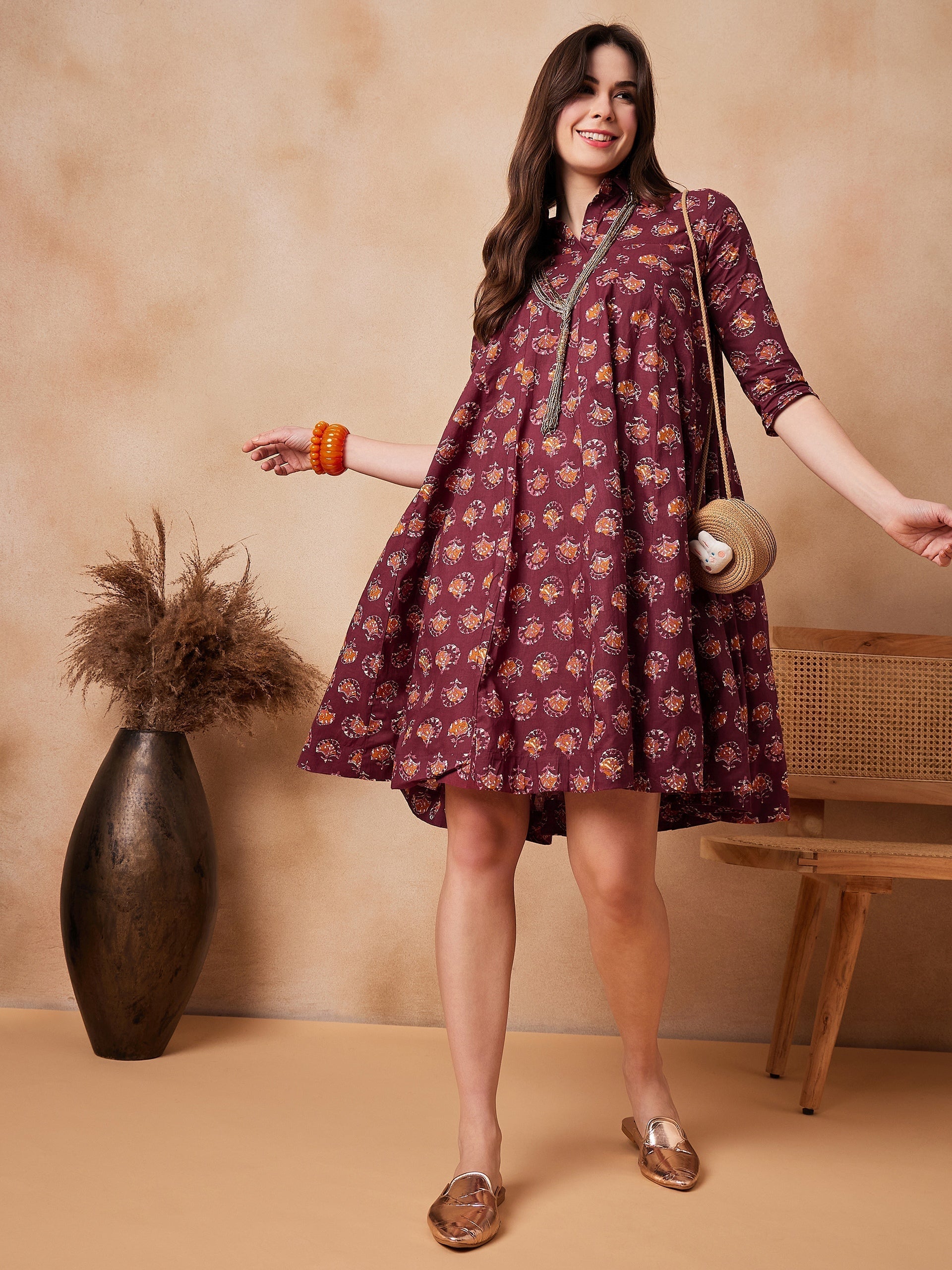 InWeave Burgundy Floral Boota Print Flared Dress 