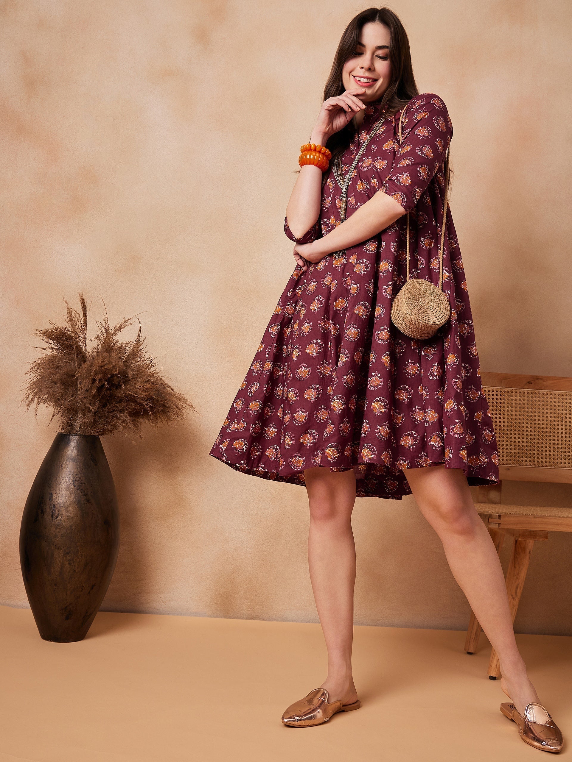 InWeave Burgundy Floral Boota Print Flared Dress 