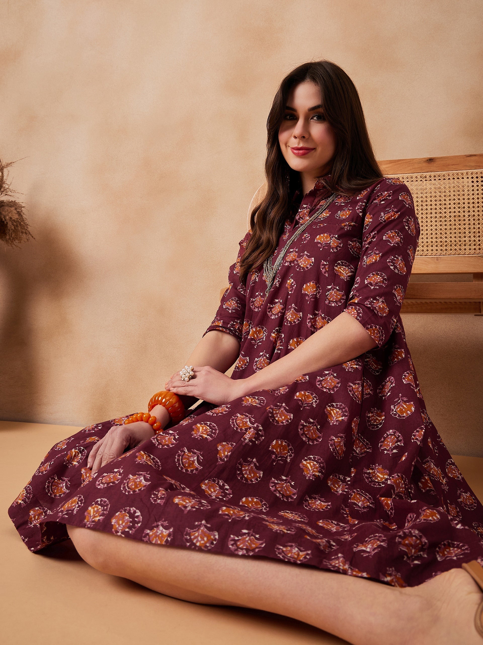 InWeave Burgundy Floral Boota Print Flared Dress 