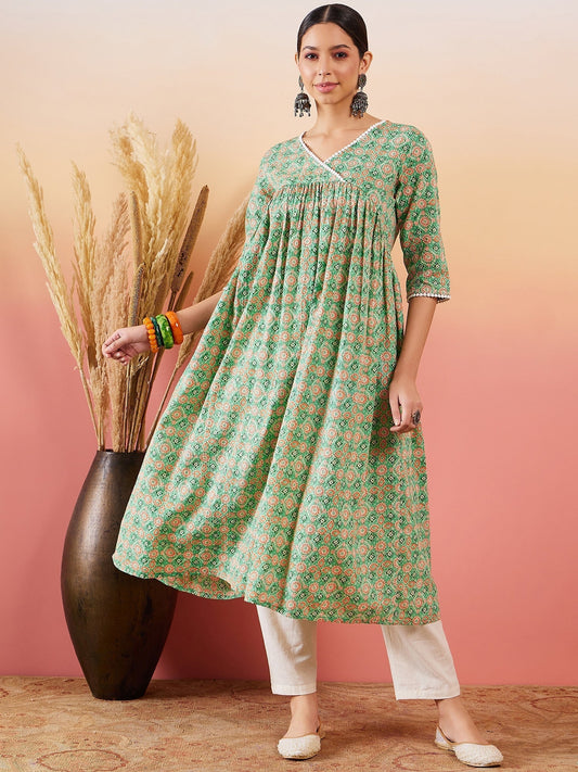 InWeave Cool Green Kantha Print Angrakha V Neck Lace Dress | Grab2Buy