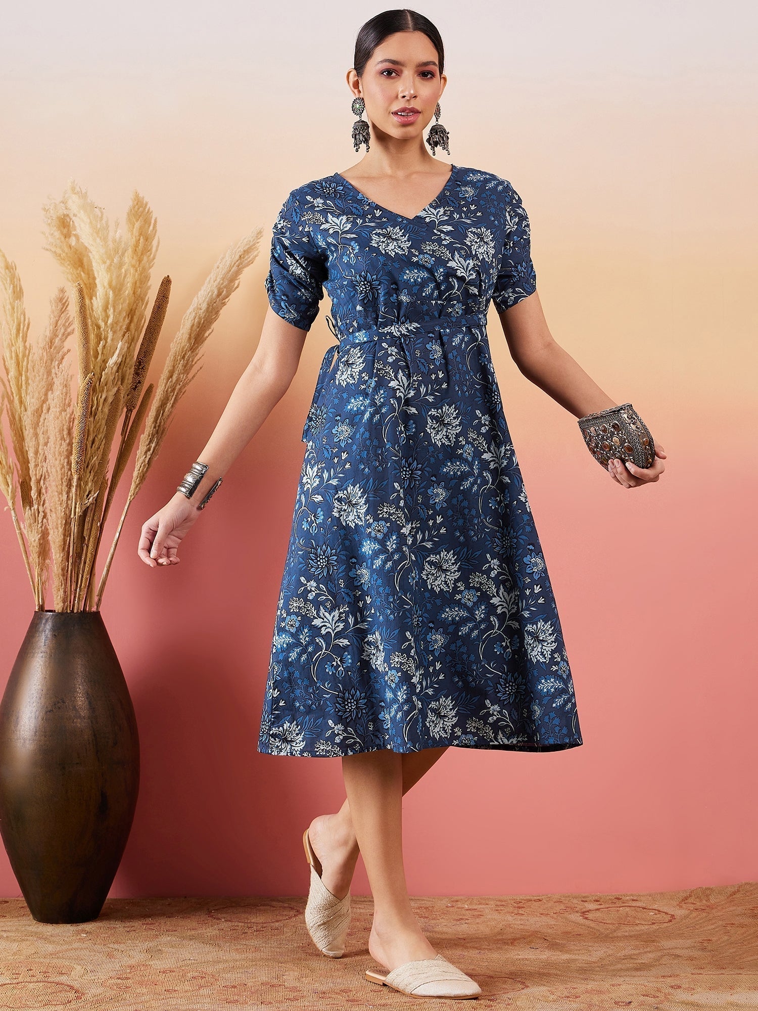 InWeave Indigo Floral Print Angrakha V Neck Belted A Line Dress 