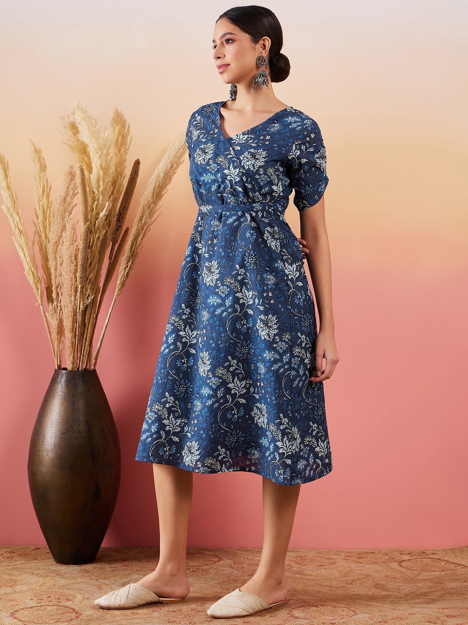 InWeave Indigo Floral Print Angrakha V Neck Belted A Line Dress 