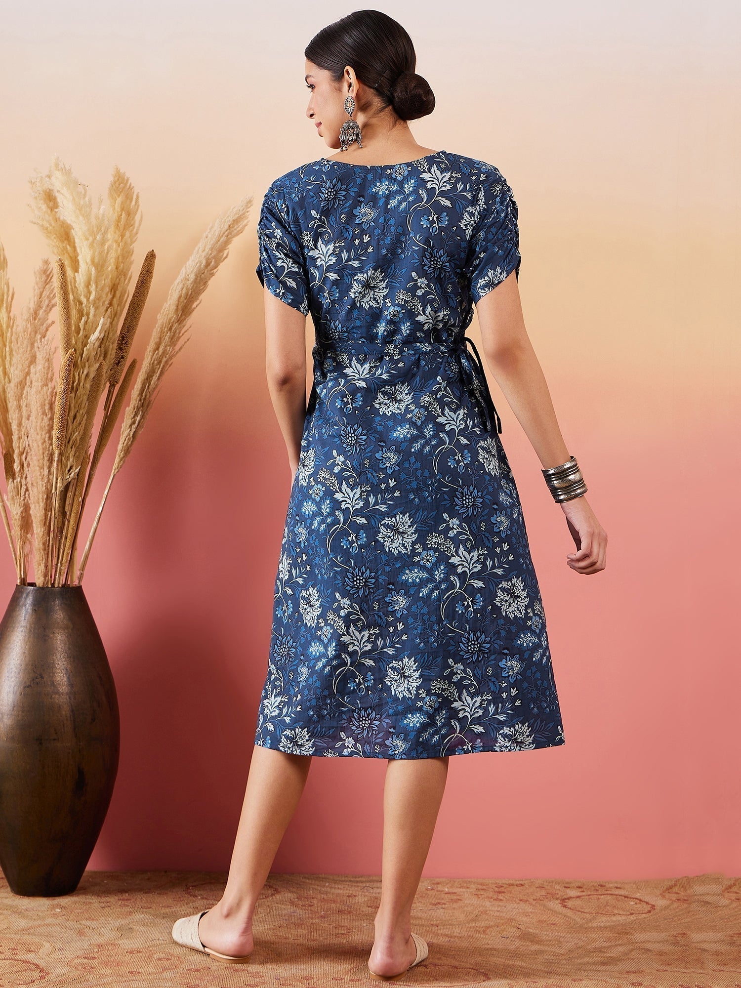 InWeave Indigo Floral Print Angrakha V Neck Belted A Line Dress 