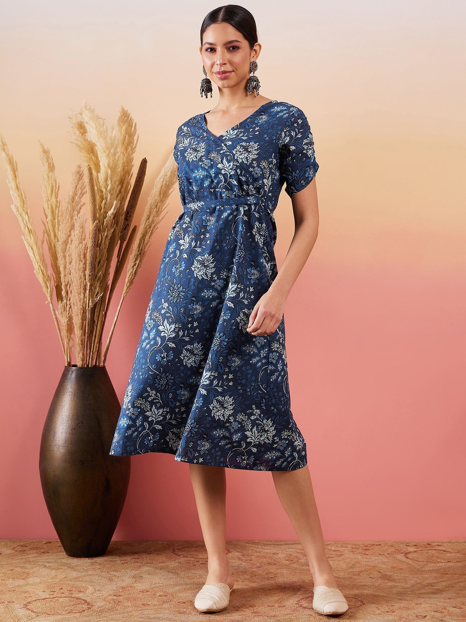 InWeave Indigo Floral Print Angrakha V Neck Belted A Line Dress 
