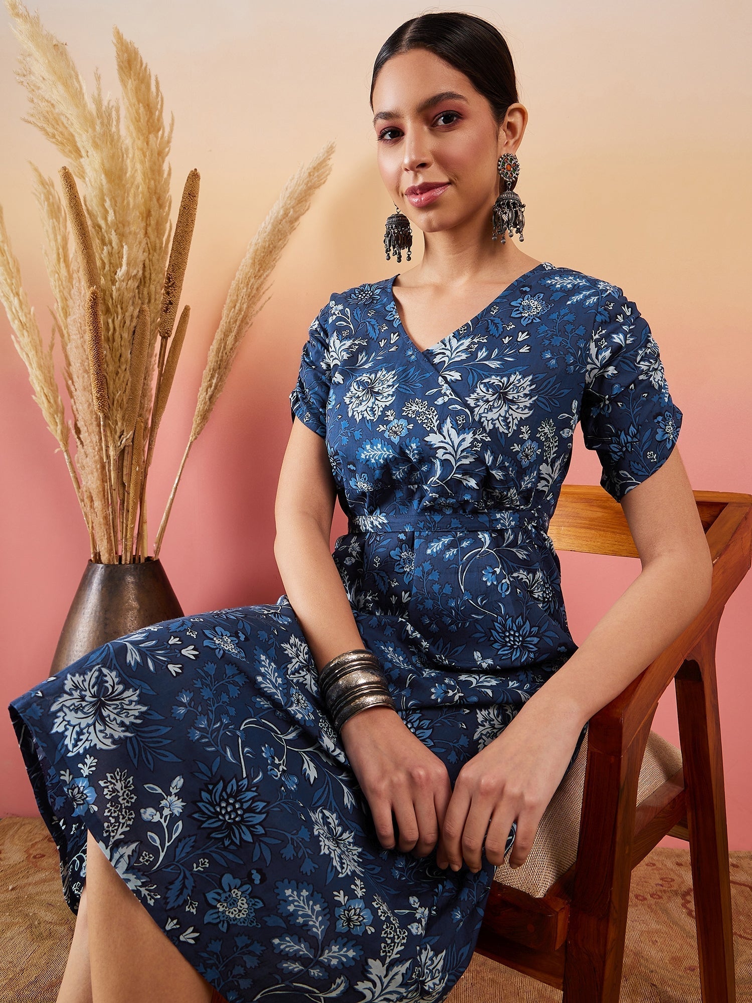 InWeave Indigo Floral Print Angrakha V Neck Belted A Line Dress 