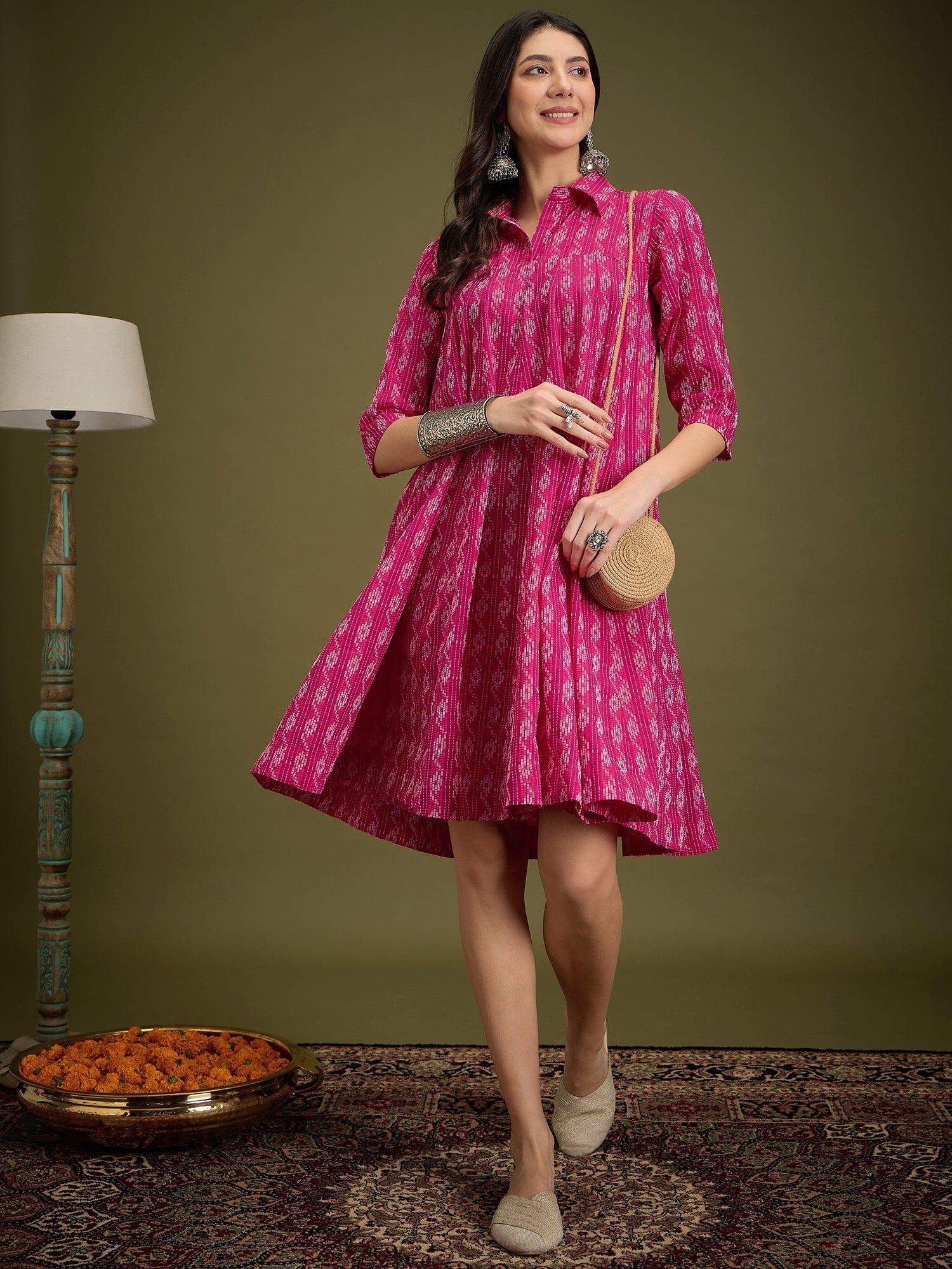 InWeave Fuchsia Ikkat Kantha Collar Flared Dress 