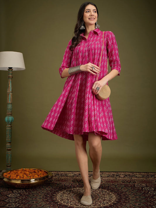 InWeave Fuchsia Ikkat Kantha Collar Flared Dress 