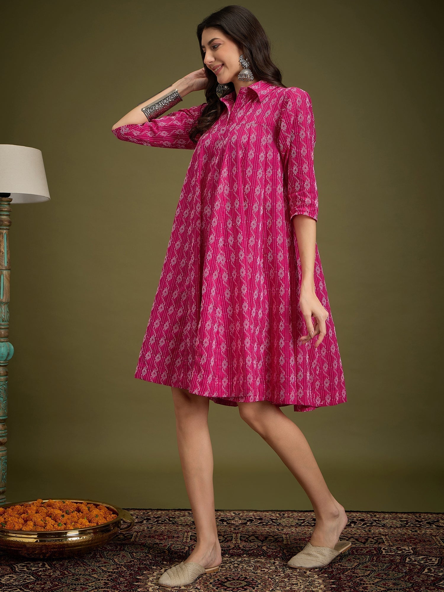 InWeave Fuchsia Ikkat Kantha Collar Flared Dress 