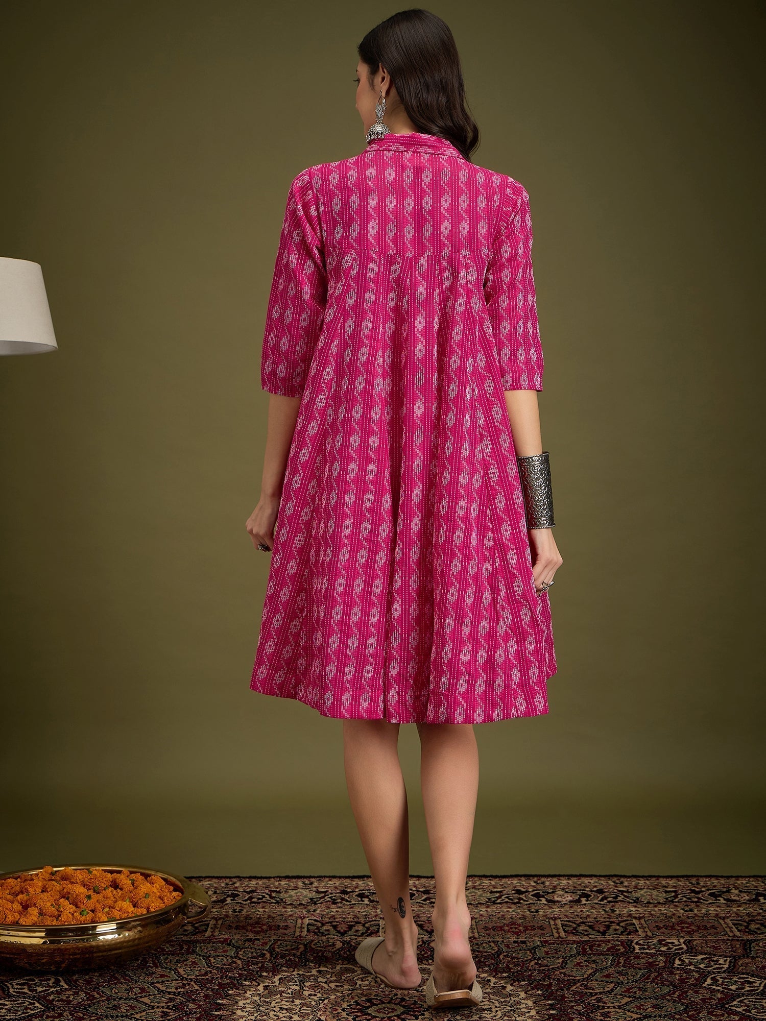 InWeave Fuchsia Ikkat Kantha Collar Flared Dress 