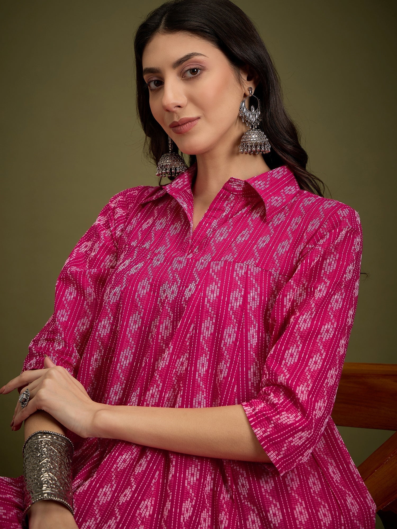 InWeave Fuchsia Ikkat Kantha Collar Flared Dress 