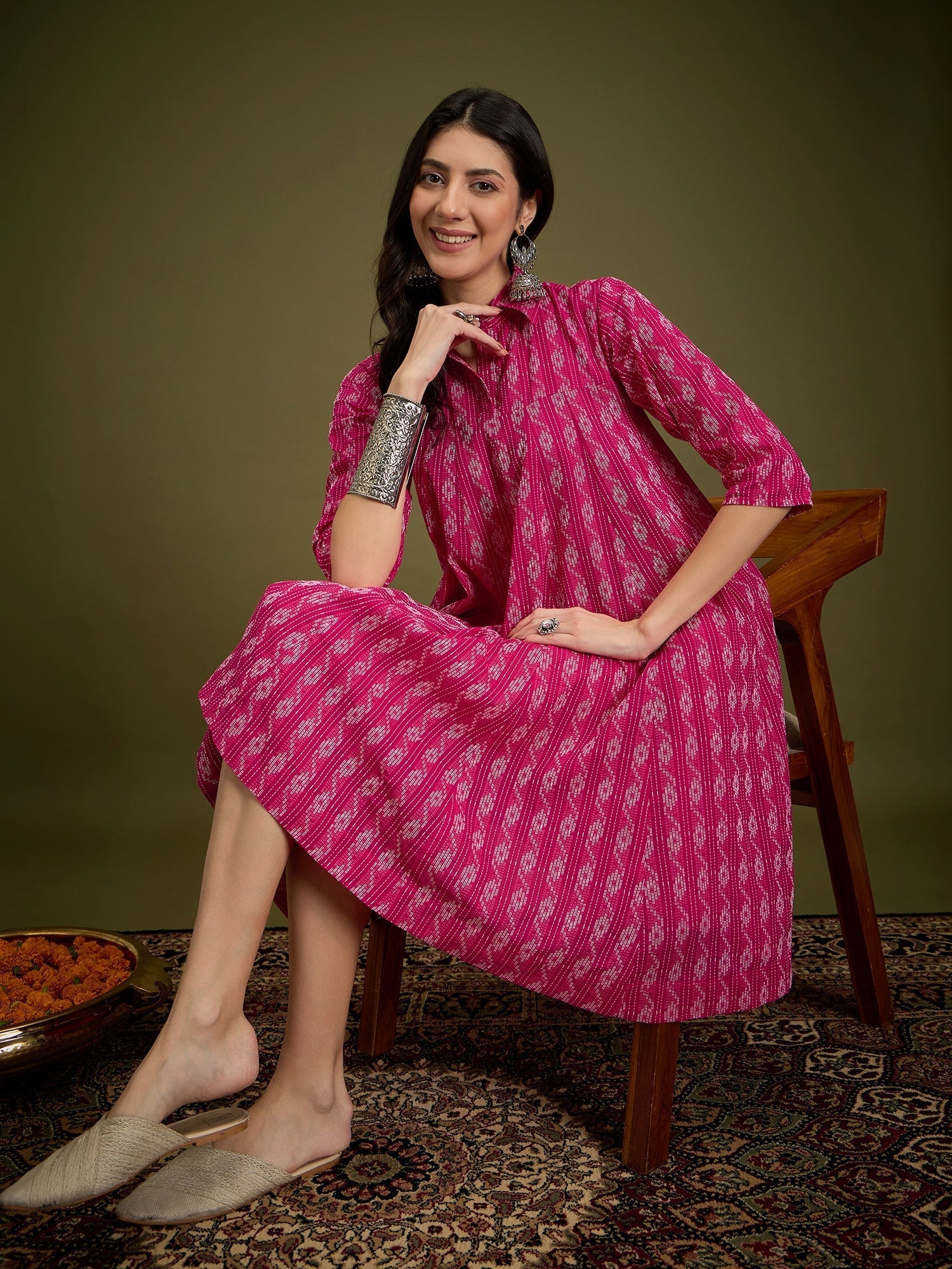 InWeave Fuchsia Ikkat Kantha Collar Flared Dress 