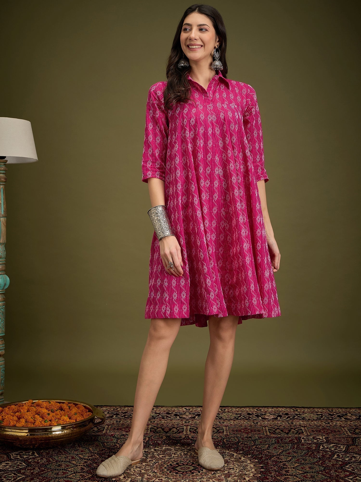 InWeave Fuchsia Ikkat Kantha Collar Flared Dress 