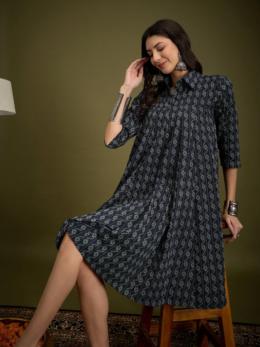 InWeave Black Ikkat Kantha Collar Flared Dress 