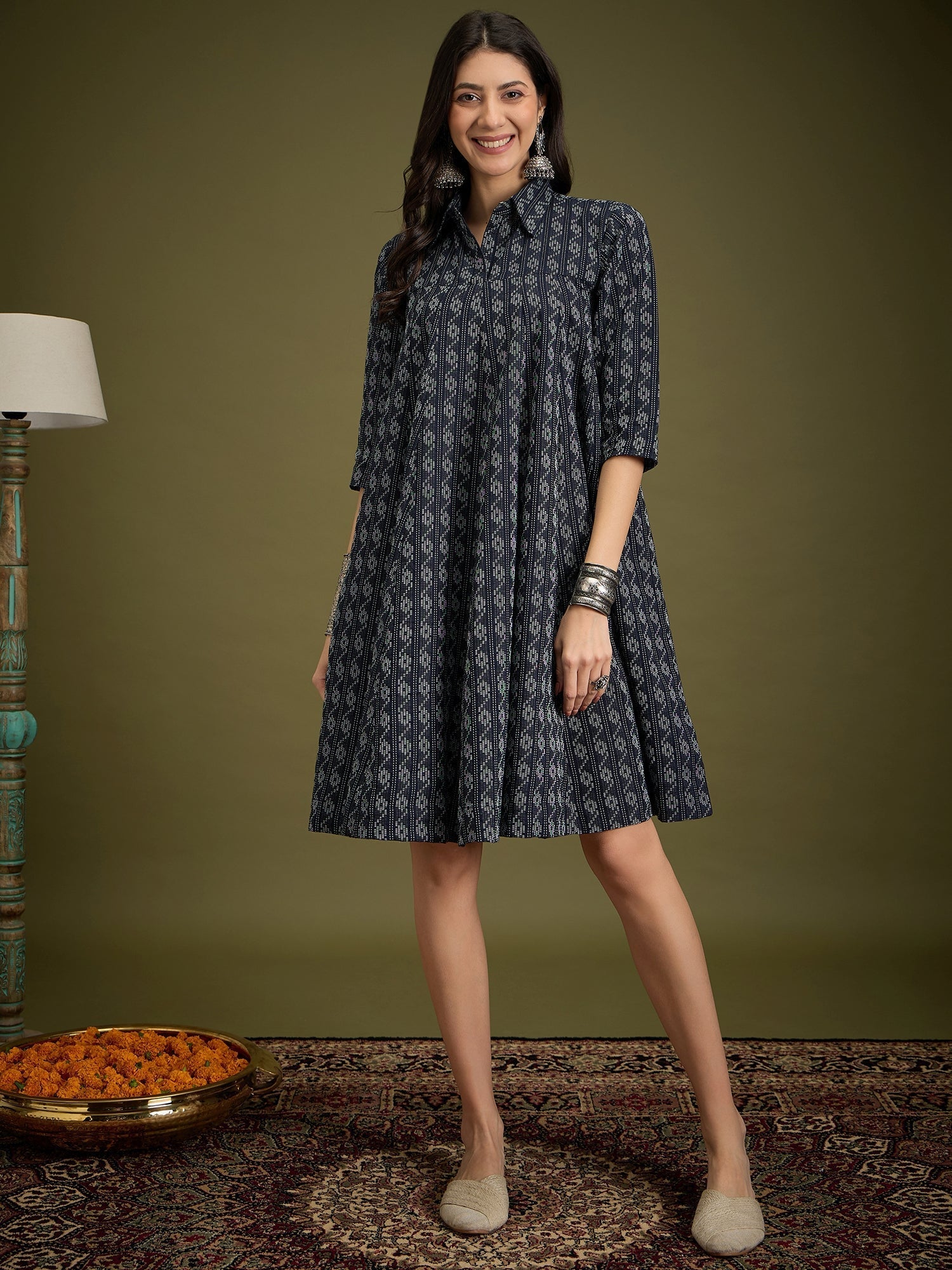 InWeave Black Ikkat Kantha Collar Flared Dress 