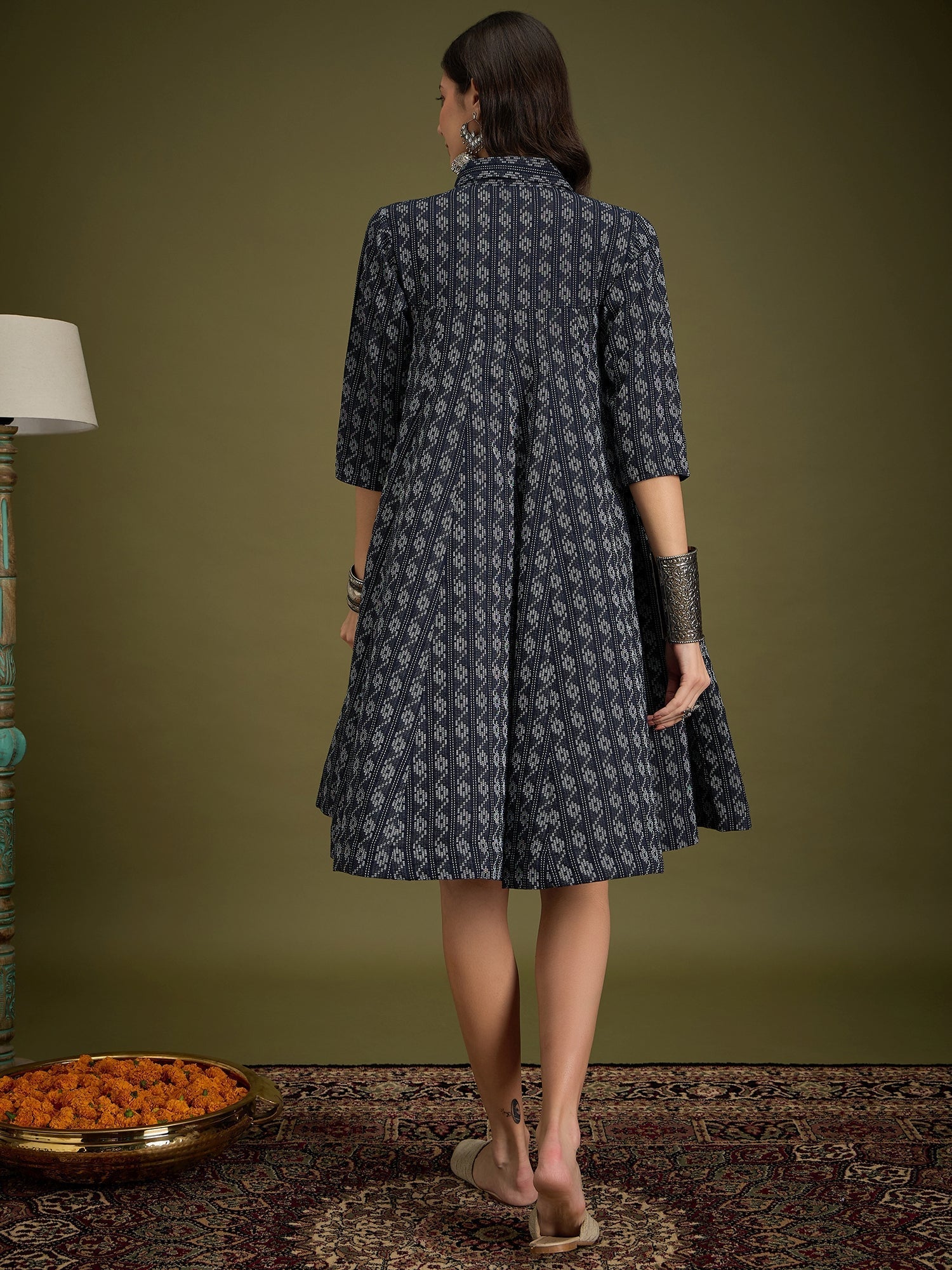 InWeave Black Ikkat Kantha Collar Flared Dress 