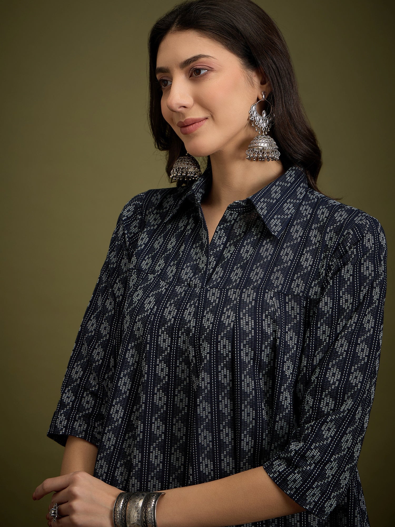 InWeave Black Ikkat Kantha Collar Flared Dress 