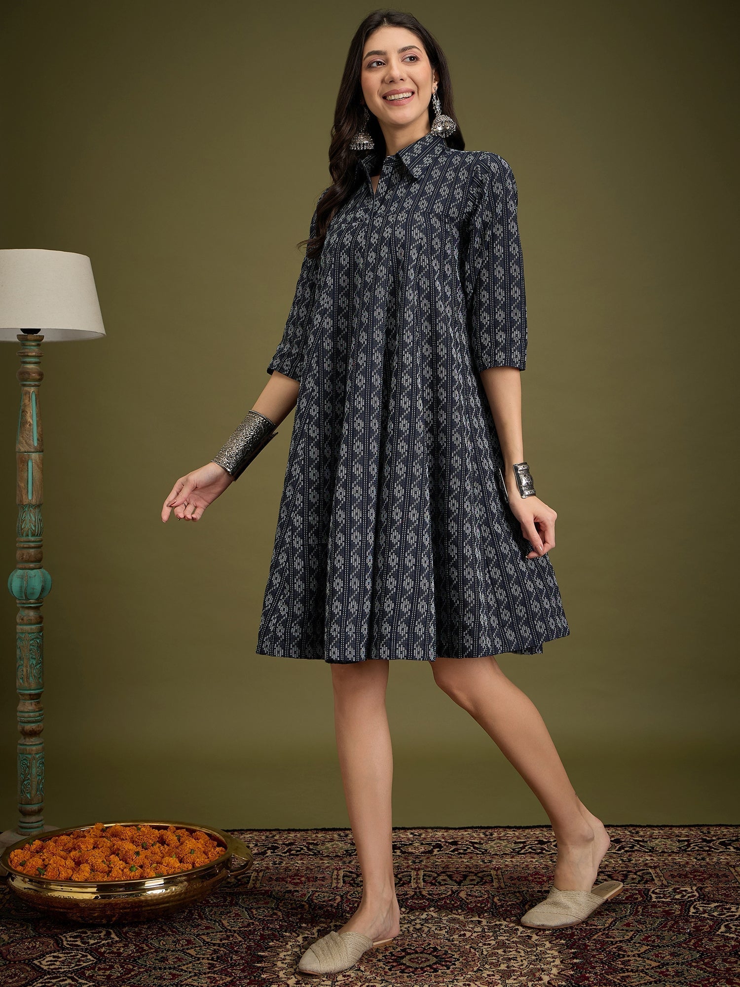 InWeave Black Ikkat Kantha Collar Flared Dress 
