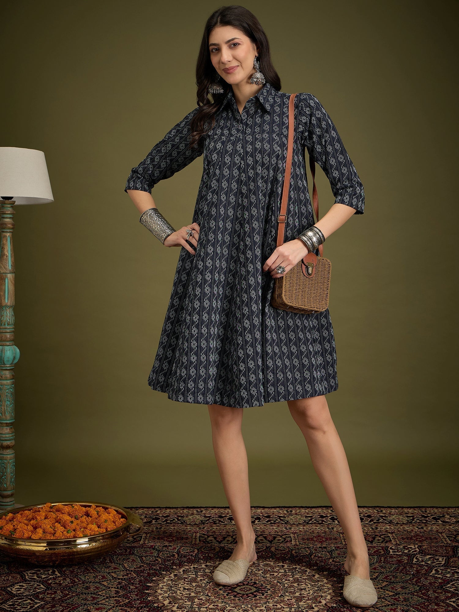 InWeave Black Ikkat Kantha Collar Flared Dress 