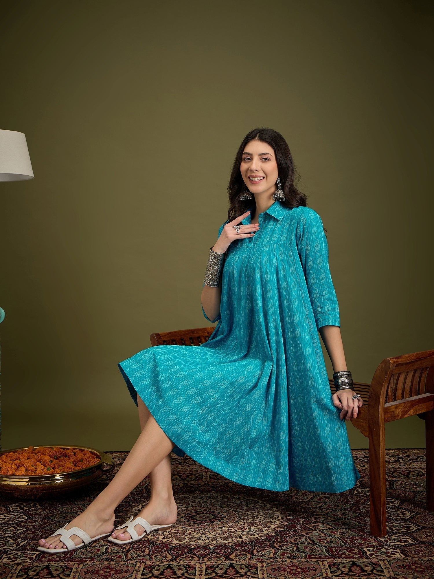 InWeave Cyan Blue Ikkat Kantha Collar Flared Dress 
