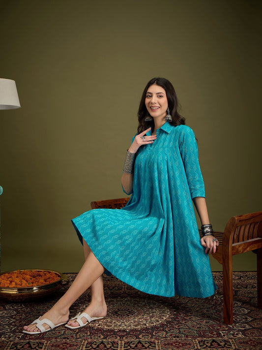 InWeave Cyan Blue Ikkat Kantha Collar Flared Dress 