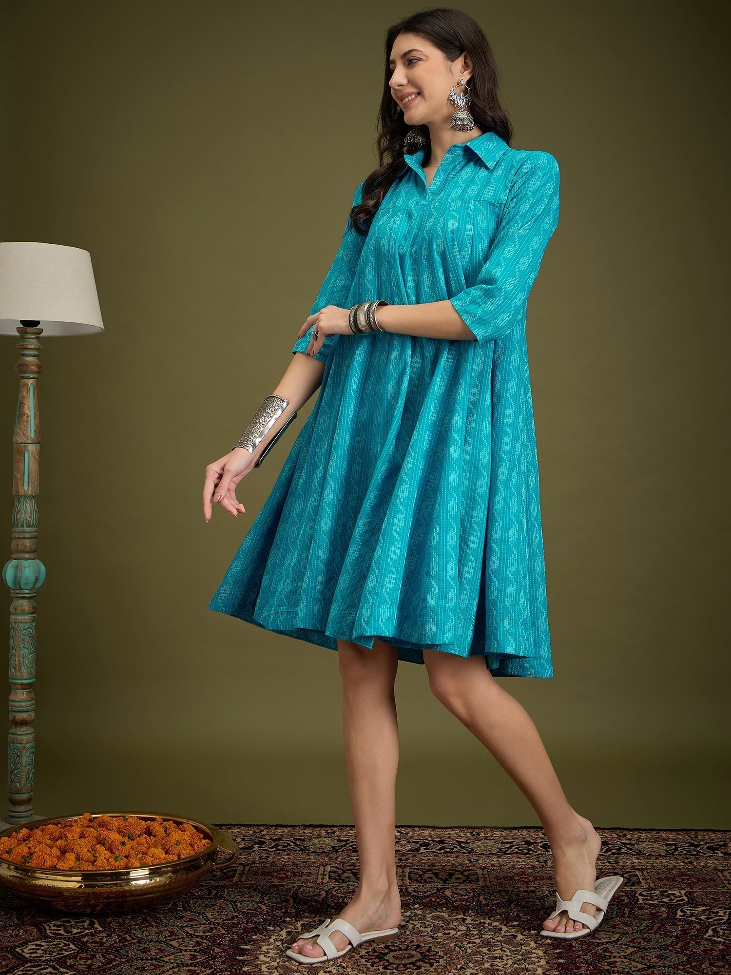 InWeave Cyan Blue Ikkat Kantha Collar Flared Dress 