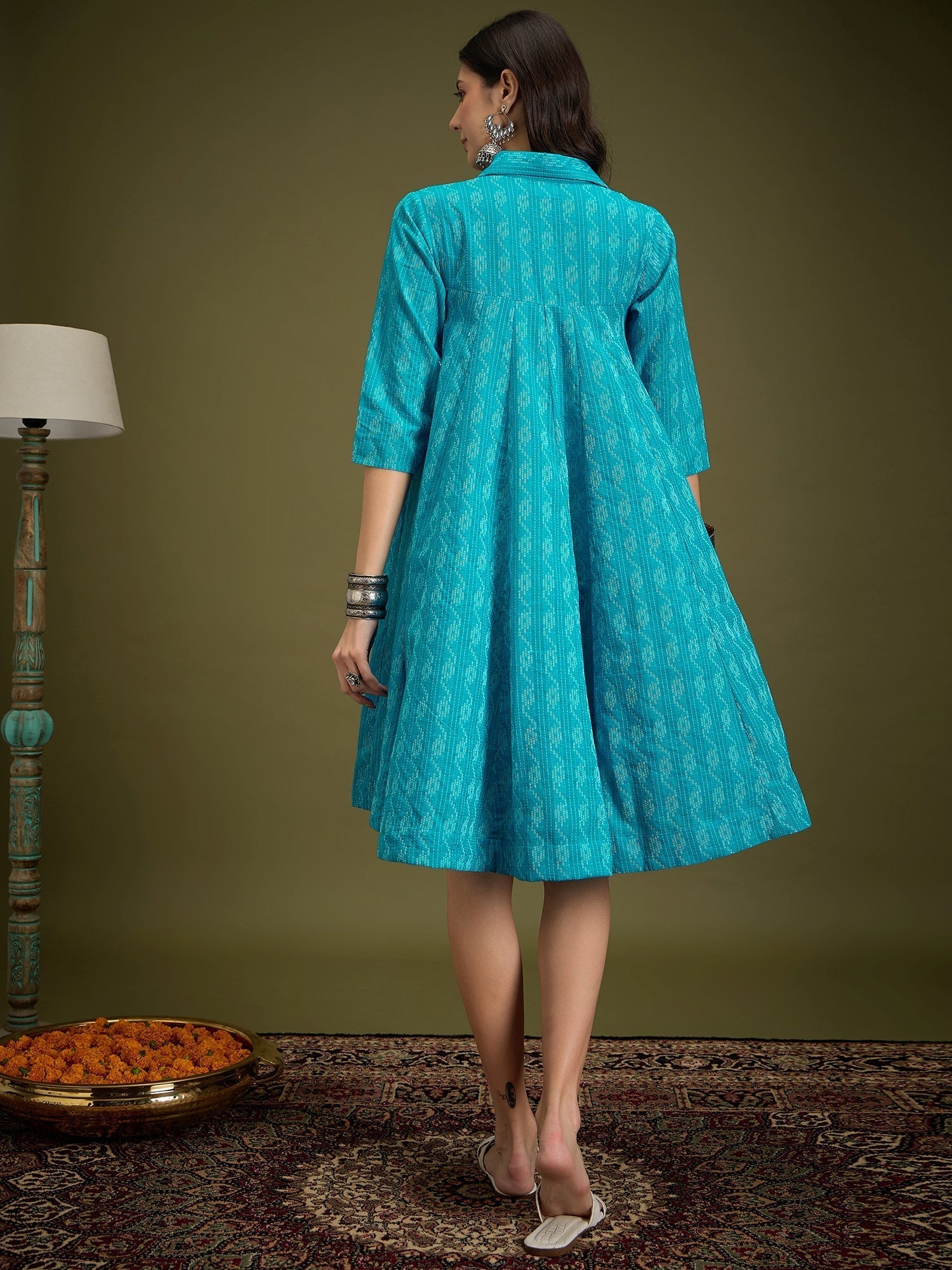 InWeave Cyan Blue Ikkat Kantha Collar Flared Dress 