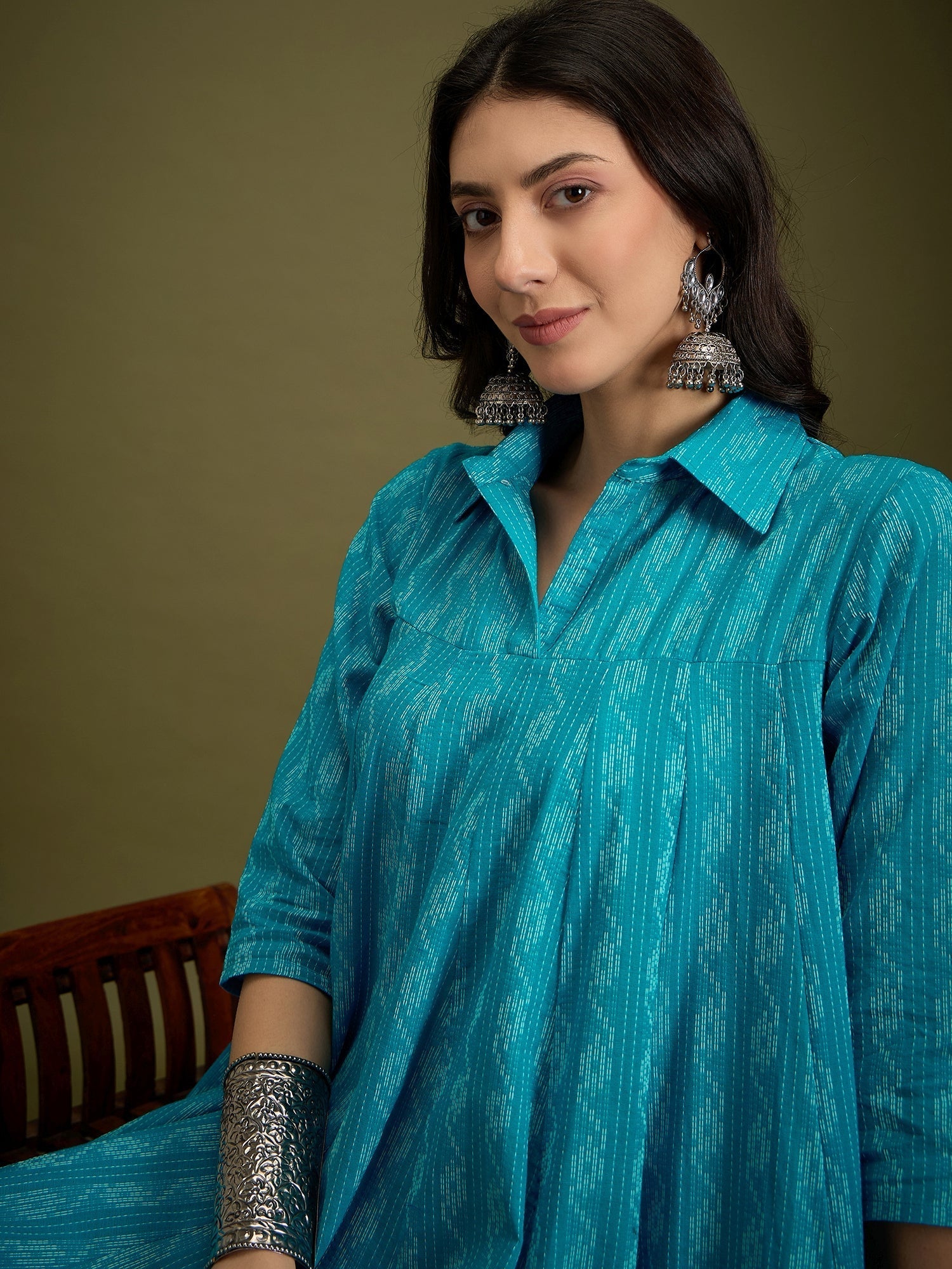 InWeave Cyan Blue Ikkat Kantha Collar Flared Dress 
