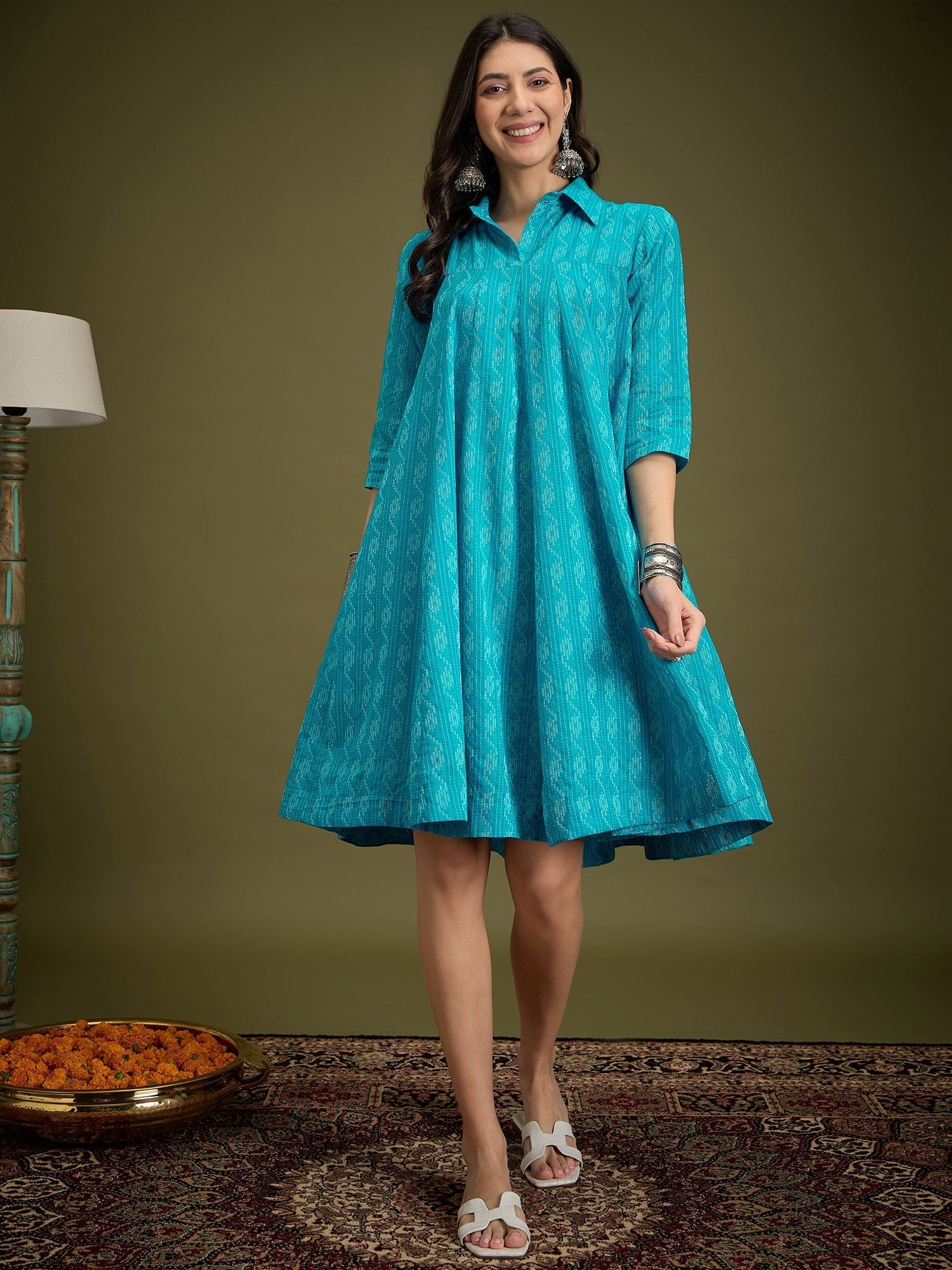 InWeave Cyan Blue Ikkat Kantha Collar Flared Dress 